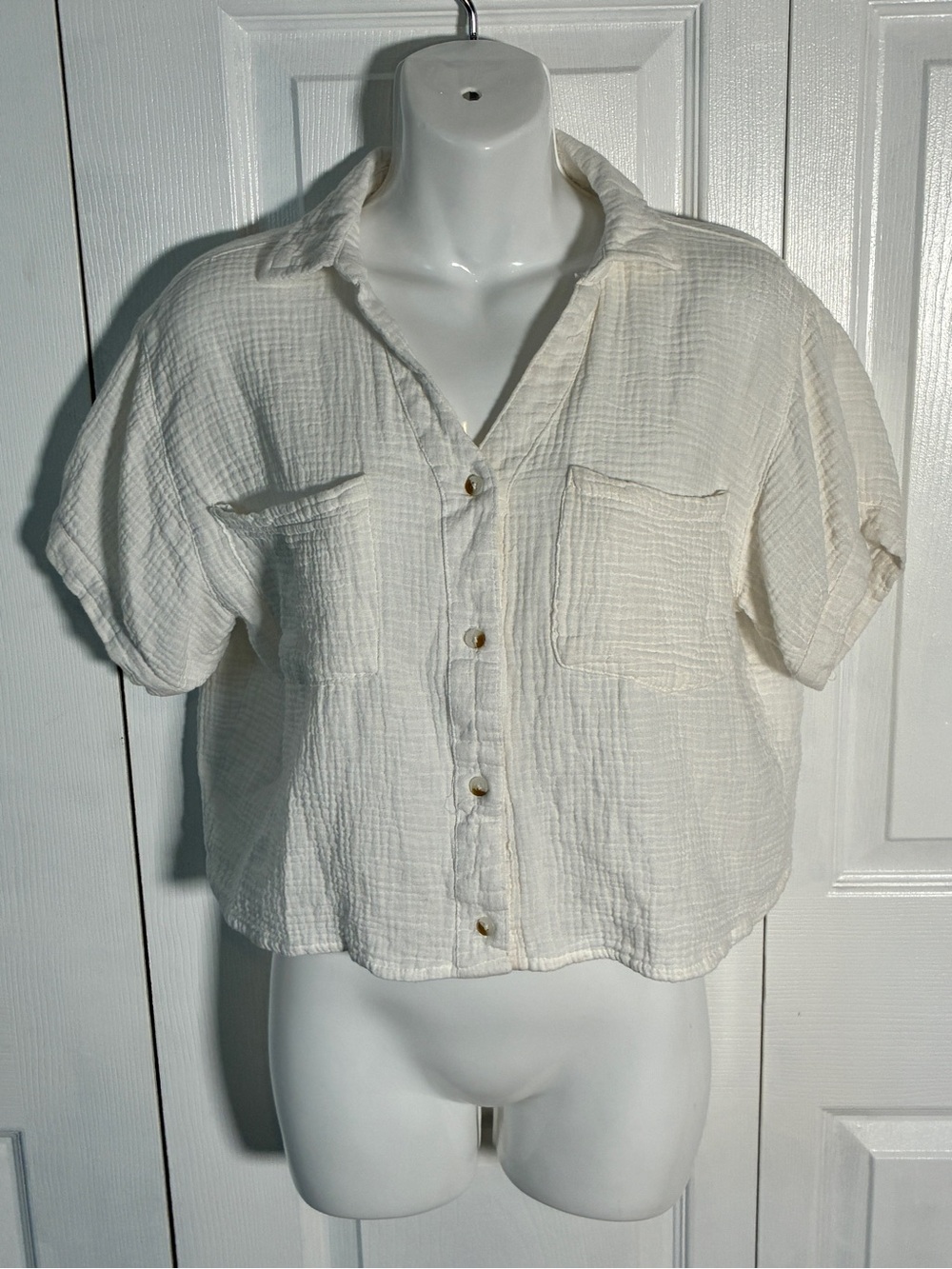Love Notes White Crinkle Gauze Crop Top Boho Button Up Sz M
